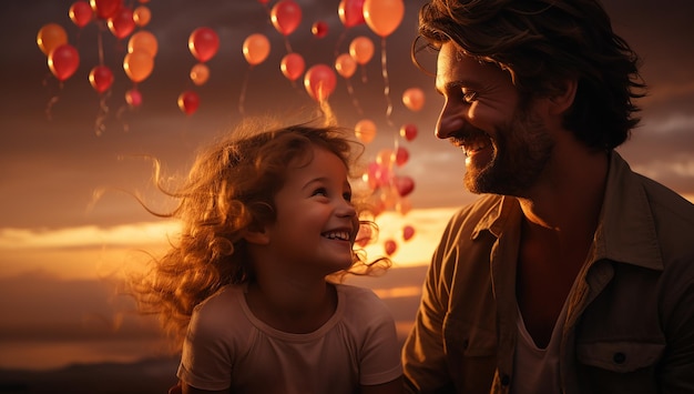 a man and his daughter holding a blue balloon during sunset