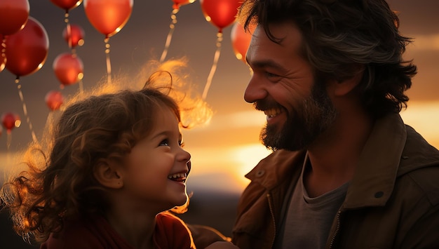 a man and his daughter holding a blue balloon during sunset