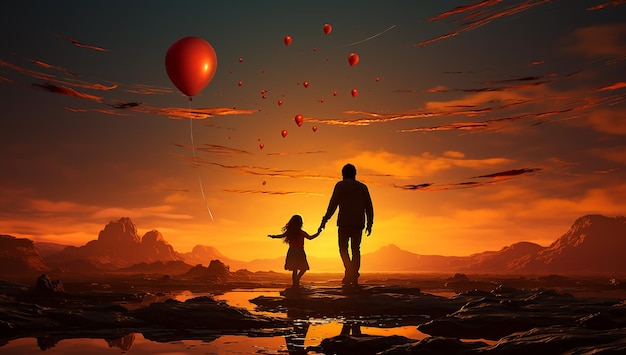 a man and his daughter holding a blue balloon during sunset