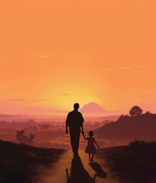 A man and his daughter walking in front of a sunset