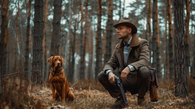 A man and his dog are in a forest