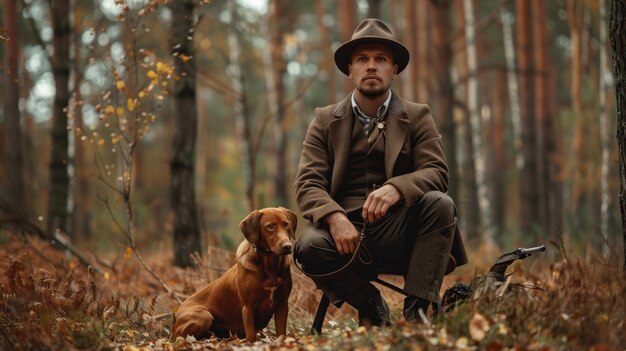 A man and his dog are sitting in a forest