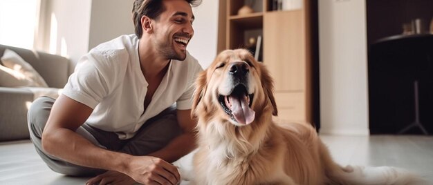 Foto un uomo e il suo cane sorridono alla telecamera