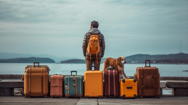 Foto un uomo e il suo cane aspettano una barca che li porti insieme in una grande avventura