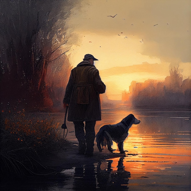 A man and his dog are walking on the river bank.