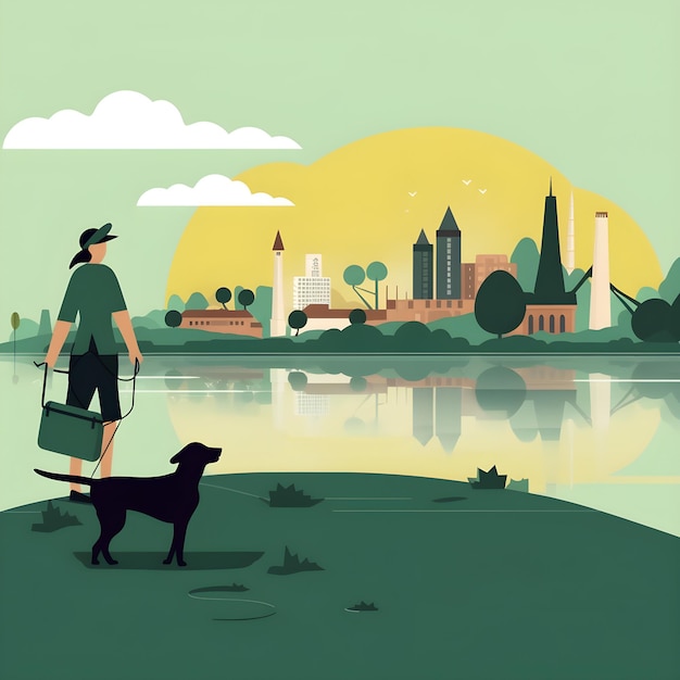 A man and his dog are walking on the shore of a river.