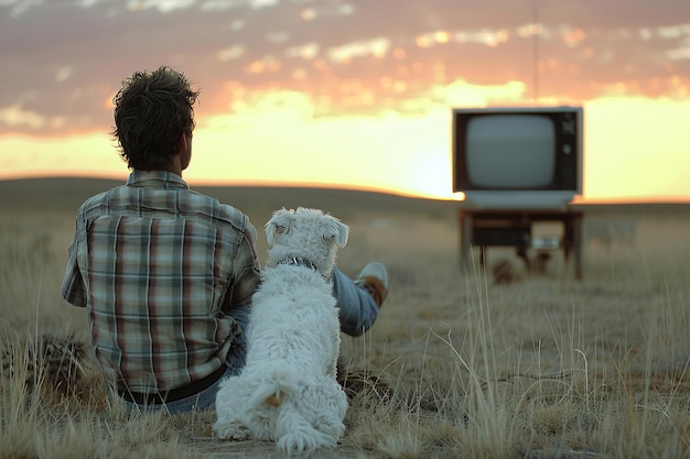 A man and his dog are watching television in a field