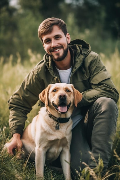 Foto un uomo e il suo cane posano per una foto