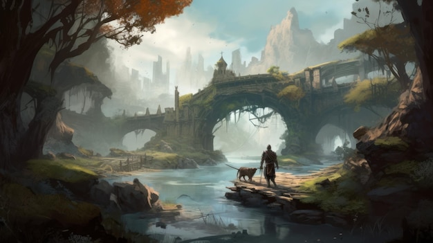 A man and his dog stand in front of a bridge that is surrounded by ruins.