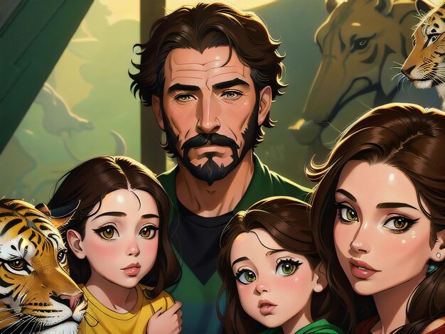 a man and his family at the zoo in comic book style illustration