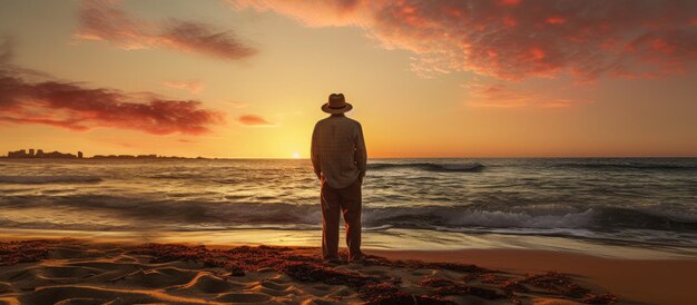 Photo a man in his fifties chatting on the beach during sunset