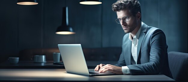 Man in his forties using laptop at desk in modern office