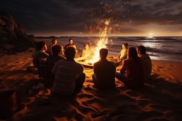 Photo man and his friends organized a new year's bonfire on the beach watching the fireworks for celebrate new year