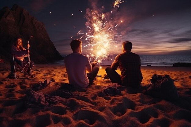 Foto l'uomo e i suoi amici hanno organizzato un falò di capodanno sulla spiaggia guardando i fuochi d'artificio per festeggiare il nuovo anno