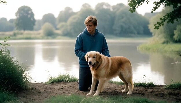 Foto l'uomo e il suo golden retriever