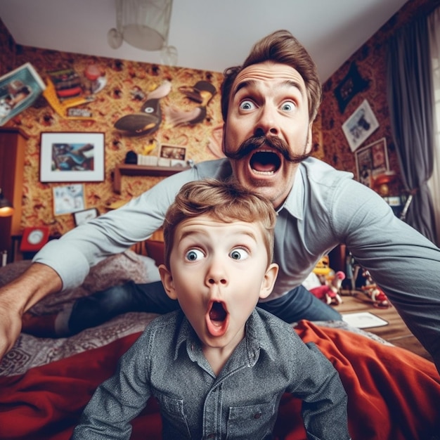 A man and his son smile at the camera.