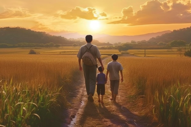 A man and his sons walk down a path in a field with the sun setting behind them