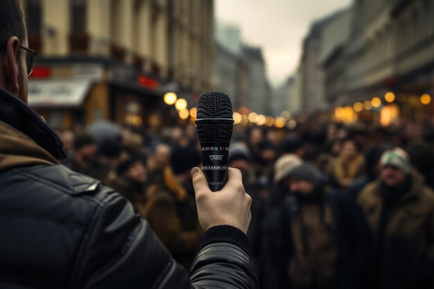 A man hlding mic on public space