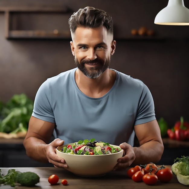 Фото man hold bowl with healthy salad with vegetable