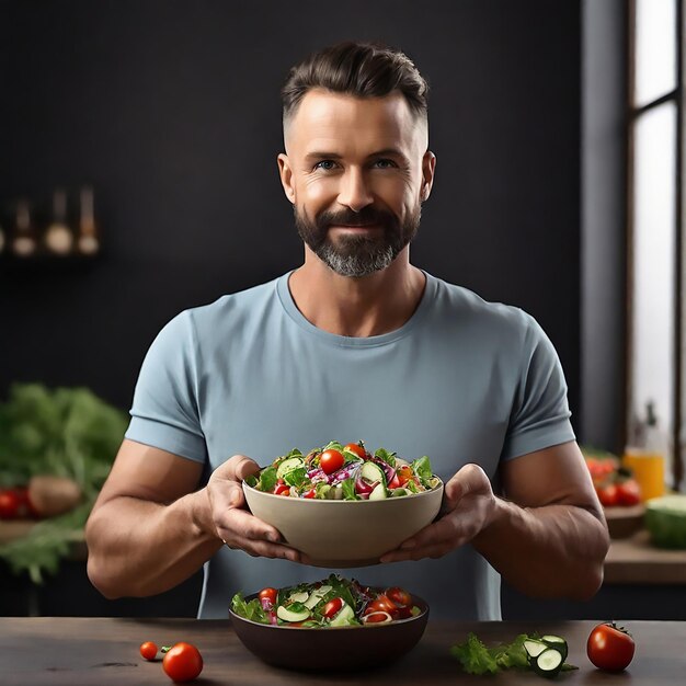 Фото man hold bowl with healthy salad with vegetable