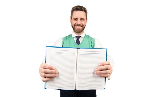 Man hold notebook isolated on white background selective focus information