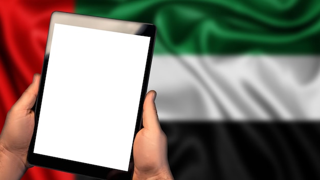 Man hold tablet phone pc flag of united arab emirates country on background