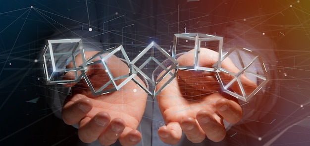 Man holding a 3d rendering blockchain cube isolated 