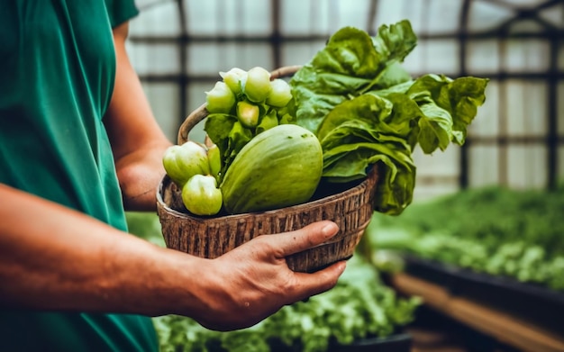 写真 温室ai生成の画像で緑色の野菜を入れたバスケットを持っている男性