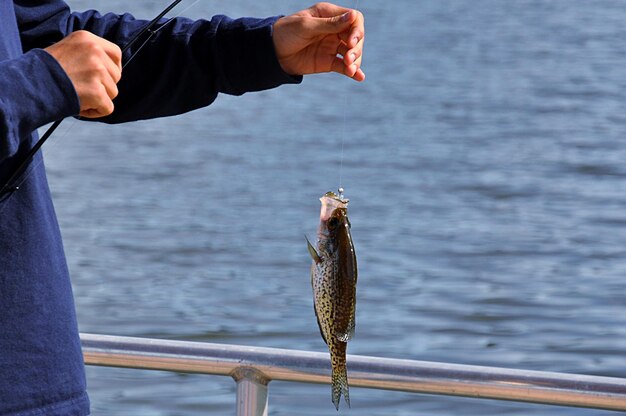 写真 湖に向かって魚を握る男