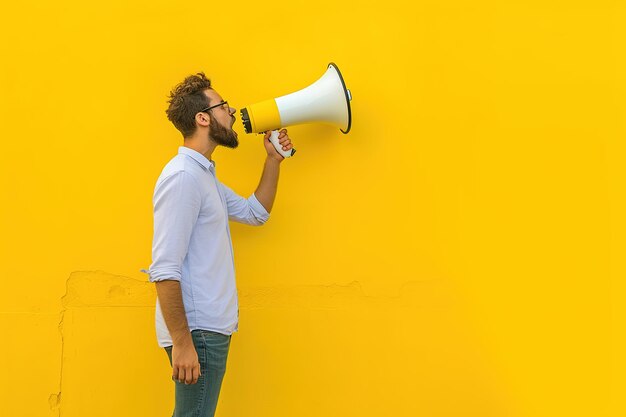 写真 黄色い背景でメガフォンを握っている男