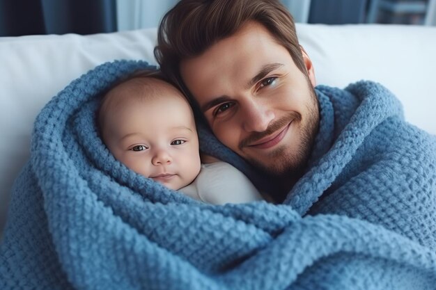 Man holding adorable baby wrapped in blue blanket Generative AI