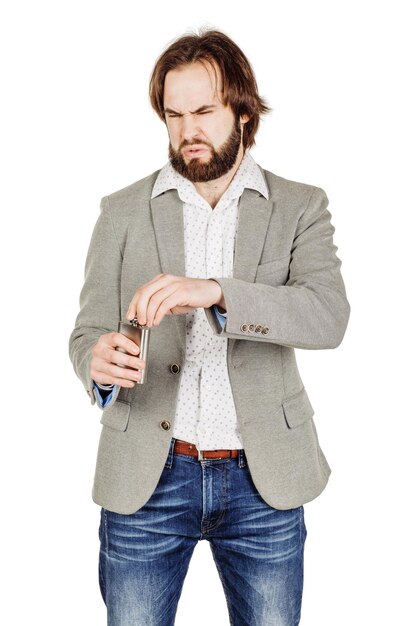 Man holding alcohol flask