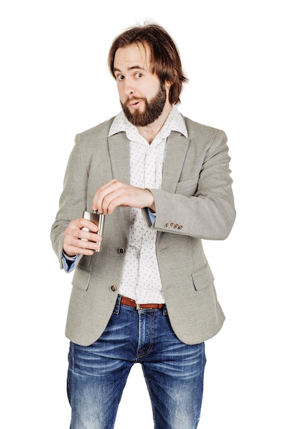 Man holding alcohol flask