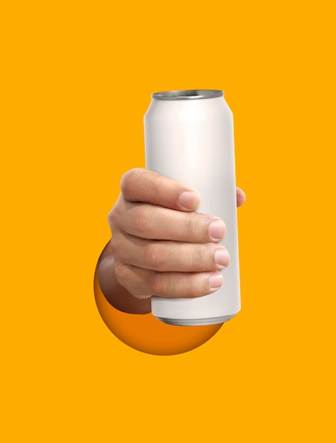 Man holding aluminum can on yellow background