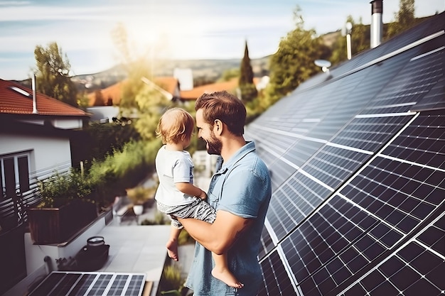 Man holding a baby boy outside the house with solar panels in a sunny day