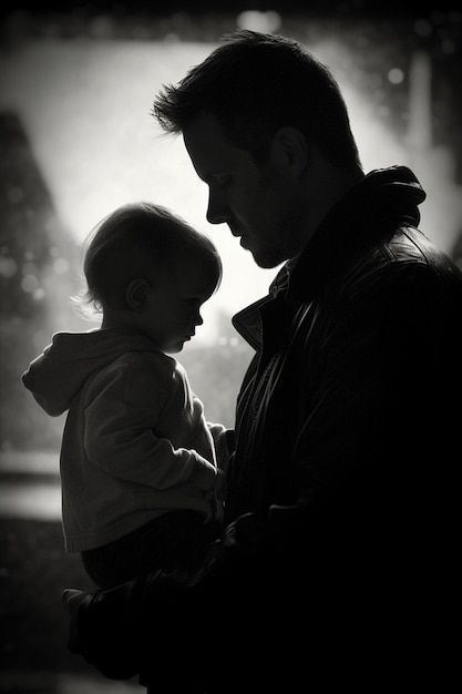 Foto un uomo che tiene in braccio un bambino nel buio