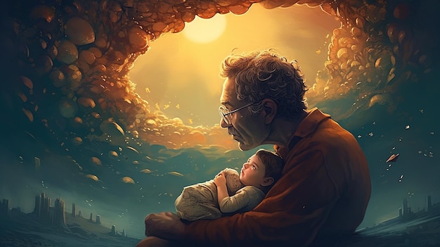 A man holding a baby in front of a sunset