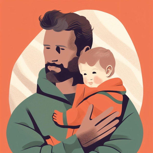 Photo a man holding a baby in an orange and green outfit.