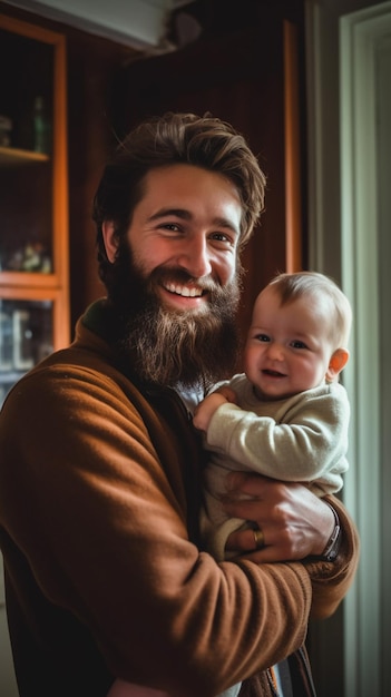 Photo a man holding a baby and smiling at the camera