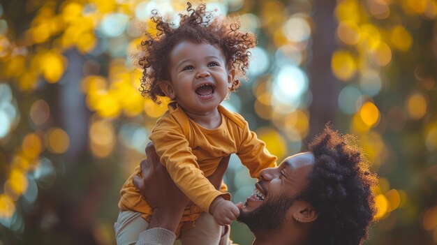 Photo man holding baby up to his face