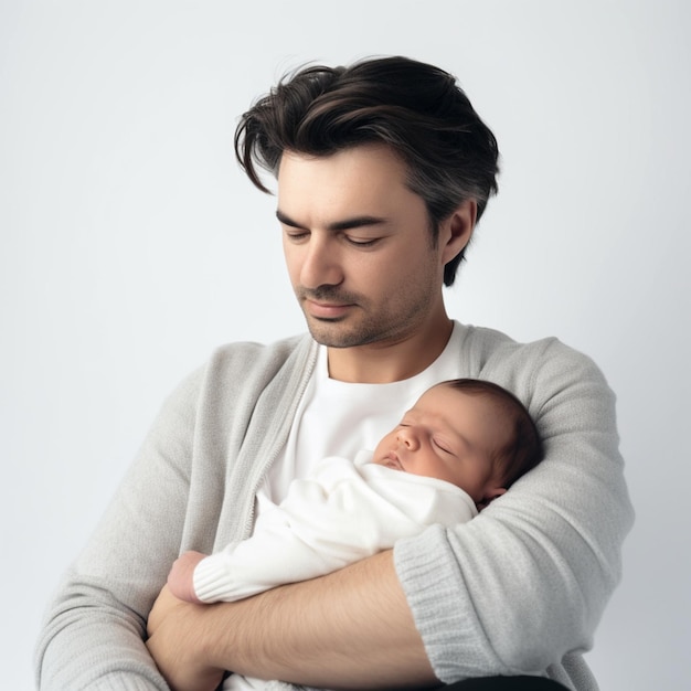 A man holding a baby and a white shirt that says'baby '