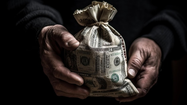 Man holding a bag of money in his hands Selective focus