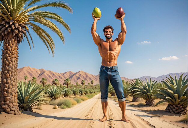 a man holding a ball in the desert