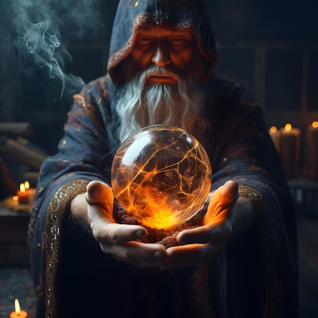 A man holding a ball with a burning flame in his hands