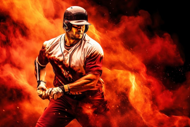 Photo a man holding a baseball bat in front of a fire