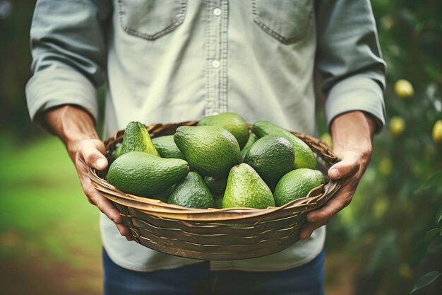 Man holding basket full of ripe avocados in a garden front view closeup