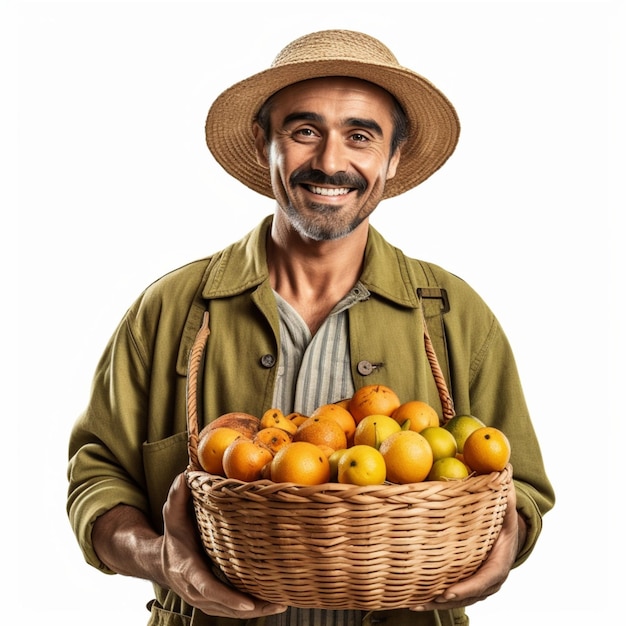 A man holding a basket of oranges and a straw hat.