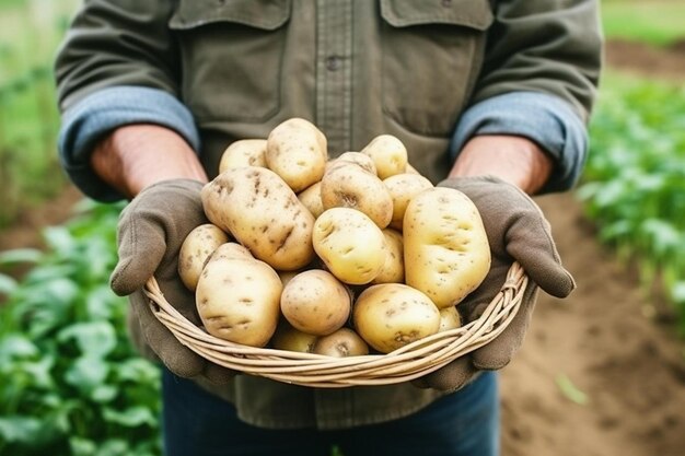 a man holding a basket of potatoes with the hands holding potatoes