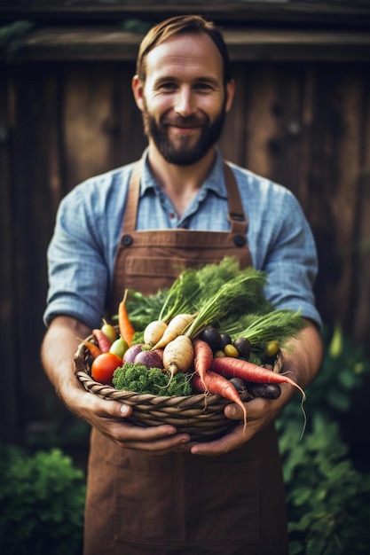 a man holding a basket of vegetables in his hands