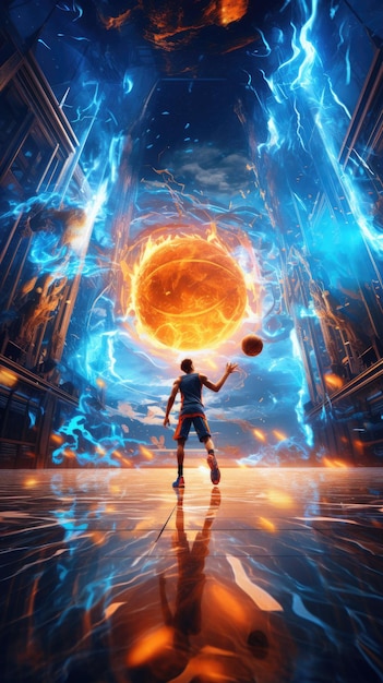 A man holding a basketball in front of a fireball